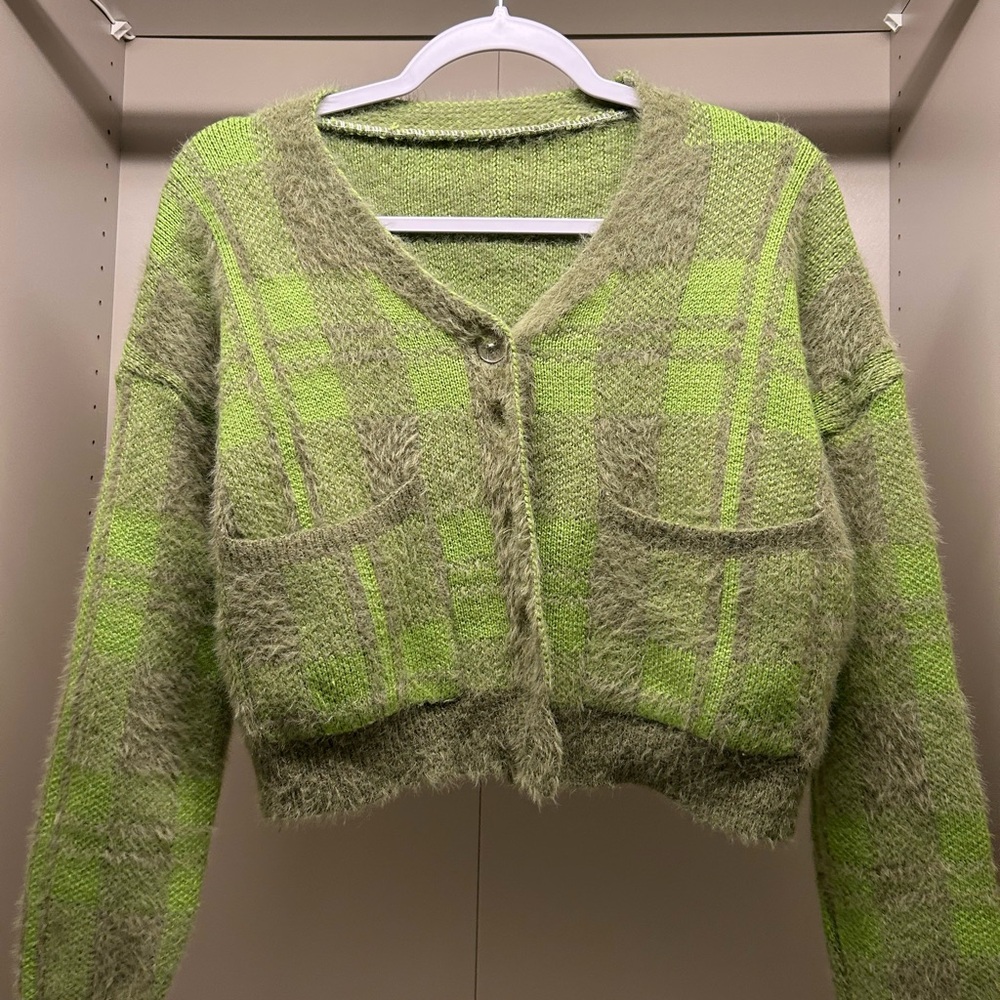 Fuzzy Green Plaid Cropped Cardigan similar to UNIFORM TY style